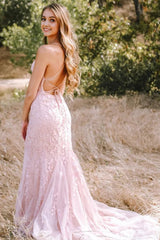 Pink Mermaid Long Corset Prom Dress with Appliques Gowns, Pink Mermaid Long Prom Dress with Appliques