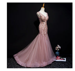 Pink Mermaid Tulle Long Evening Dress with Lace, V-neckline Floor Length Corset Prom Dress outfits, Wedding Invitations