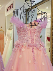 Pink Off Shoulder Lace Applique Tulle Flowers Corset Prom Dress, Pink Corset Formal Dress Sweet 16 Dress outfit, Bridesmaid Dresses Mismatched Summer