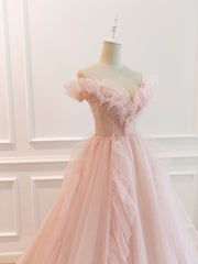 Pink Off Shoulder Tulle Long Corset Prom Dress, Pink A line Tulle Graduation Dress outfits, Short White Dress