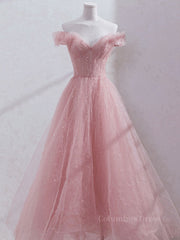 Pink off shoulder tulle sequin long Corset Prom dress, pink Corset Formal dress outfit, Prom Dresses 2026 Cheap