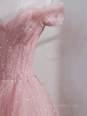 Pink off shoulder tulle sequin long Corset Prom dress, pink Corset Formal dress outfit, Prom Dresses Pattern