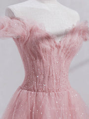 Pink off shoulder tulle sequin long Corset Prom dress, pink Corset Formal dress outfit, Prom Dresses Patterns