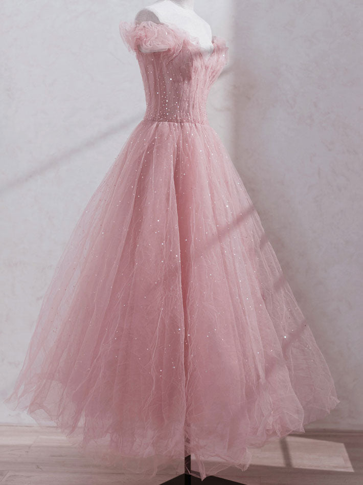 Pink Off Shoulder Tulle Tea Length Corset Prom Dress,Pink Tulle Corset Wedding Party Dresses outfit, Wedding Dress Long Sleeve