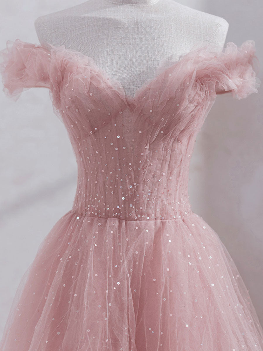 Pink Off Shoulder Tulle Tea Length Corset Prom Dress, Tulle Corset For