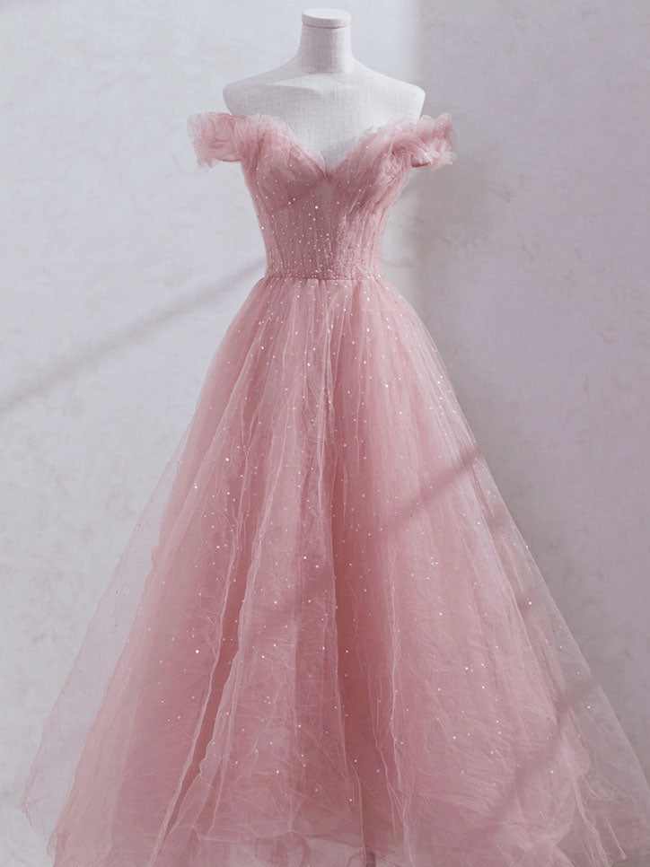 Pink Off Shoulder Tulle Tea Length Corset Prom Dress, Tulle Corset Formal Dress outfit, Formal Dresses