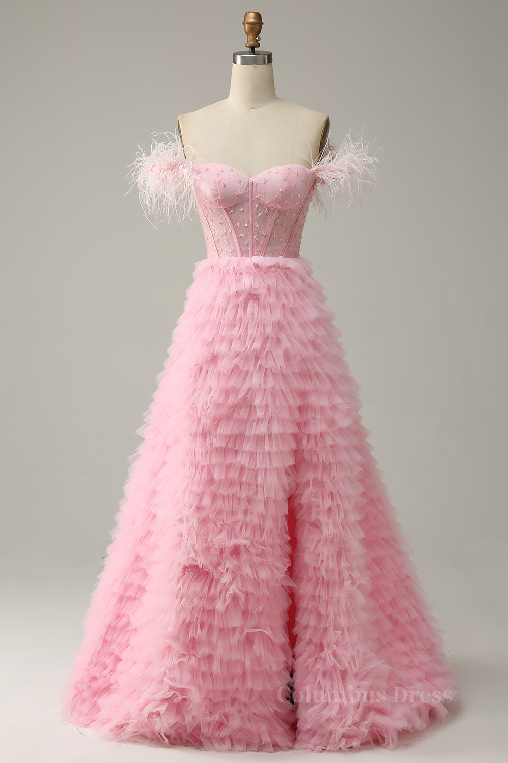 Pink Off-the-Shoulder Feathers Beaded A-line Ruffles Long Corset Prom Dress with Slit Gowns, Prom Dress Chicago
