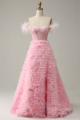 Pink Off-the-Shoulder Feathers Beaded A-line Ruffles Long Corset Prom Dress with Slit Gowns, Prom Dress Chicago