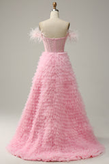 Pink Off-the-Shoulder Feathers Beaded A-line Ruffles Long Corset Prom Dress with Slit Gowns, Prom Dresses Glitter