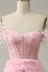 Pink Off-the-Shoulder Feathers Beaded A-line Ruffles Long Corset Prom Dress with Slit Gowns, Prom Dress Glitter