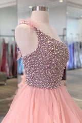 Pink One Shoulder Beaded Corset Prom Dress, Pink Tulle Layers Evening Gown outfits, Party Dress Name