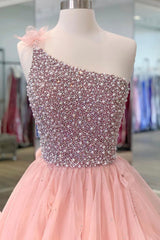 Pink One Shoulder Beaded Corset Prom Dress, Pink Tulle Layers Evening Gown outfits, Party Dress Names