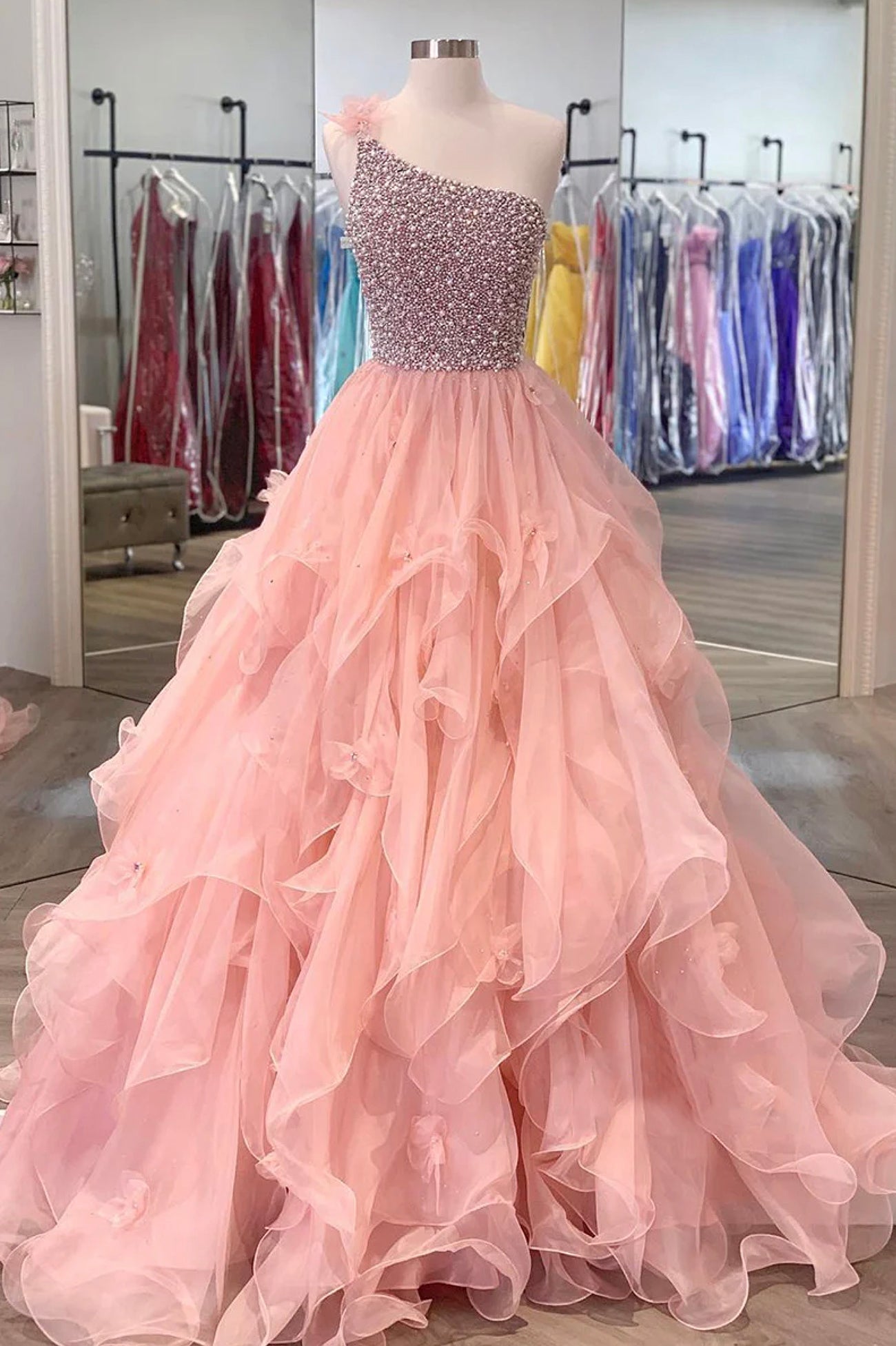 Pink One Shoulder Beaded Corset Prom Dress, Pink Tulle Layers Evening Gown outfits, Party Dress Long Sleeve