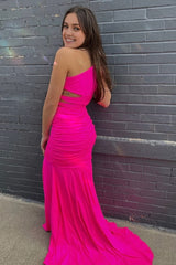 Pink One Shoulder Mermaid Long Corset Prom Dress outfits, Pink One Shoulder Mermaid Long Prom Dress
