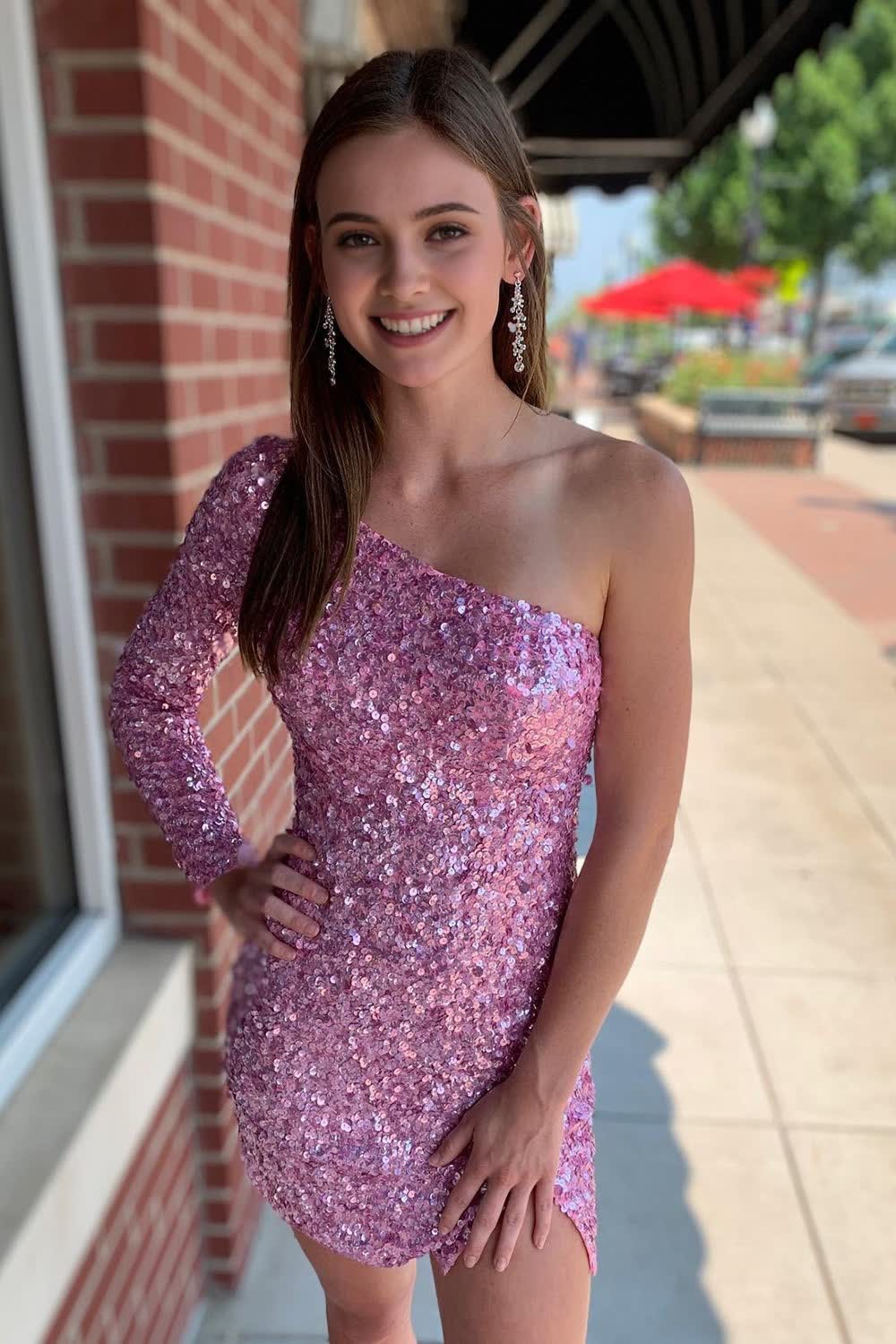 Pink One Shoulder One Sleeve Sequins Tight Short Corset Homecoming Dress outfit, Pink One Shoulder One Sleeve Sequins Tight Short Homecoming Dress