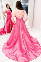 Pink One Shoulder Satin A-Line Corset Prom Dress with Pockets Gowns, Pink One Shoulder Satin A-Line Prom Dress with Pockets