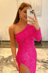 Pink One Shoulder Sequined Corset Prom Dress outfits, Pink One Shoulder Sequined Prom Dress