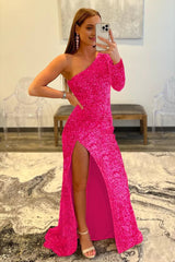 Pink One Shoulder Sequined Corset Prom Dress outfits, Pink One Shoulder Sequined Prom Dress