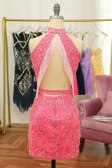 Pink Open Back Halter Lace Tight Corset Homecoming Dress outfit, Pink Open Back Halter Lace Tight Homecoming Dress