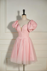 Pink Plunging V Neck Dot Lace-Up A-line Corset Homecoming Dress outfit, Prom Dresses Open Backs