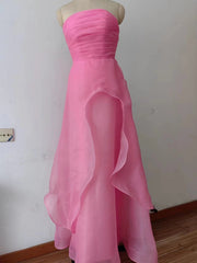 Pink Prom Dress Tulle Evening Gown Strapless Ruffles A-line Simple Prom Dresses For Teens