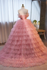 Pink Ruffled Strapless A-line Multi-Layers Long Corset Prom Dress outfits, Prom Dresses White And Gold