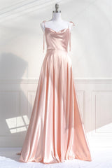 Pink Satin Bow Tie Straps A-line Cowl Neck Long Corset Prom Dress outfits, Prom Dress Long Elegant