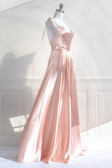 Pink Satin Bow Tie Straps A-line Cowl Neck Long Corset Prom Dress outfits, Prom Dresses Silk