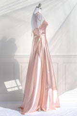 Pink Satin Bow Tie Straps A-line Cowl Neck Long Corset Prom Dress outfits, Prom Dress Pieces
