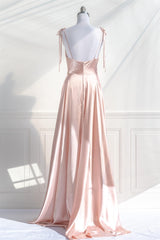 Pink Satin Bow Tie Straps A-line Cowl Neck Long Corset Prom Dress outfits, Prom Dresses Piece