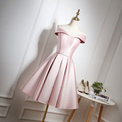 Pink Satin Knee Length Corset Homecoming Dress, Off the Shoulder Corset Homecoming Dress outfit, Evening Dresses Prom
