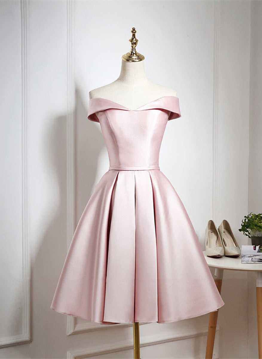 Pink Satin Knee Length Corset Homecoming Dress, Off the Shoulder Corset Homecoming Dress outfit, Evening Dress Prom