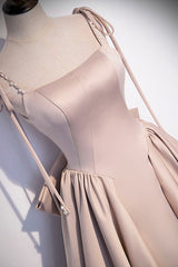 Pink Satin Long A-Line Corset Prom Dress, Cute Spaghetti Strap Evening Dress with Bow outfit, Prom Dress 2027