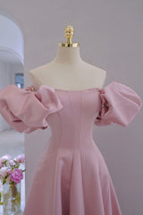 Pink Satin Long A-Line Corset Prom Dress, Pink Puff Sleeves Corset Formal Evening Dress outfit, Formal Dresses With Sleeve