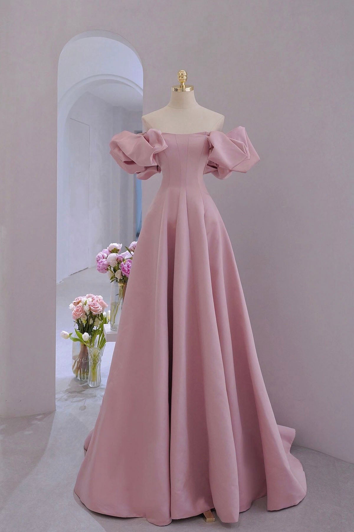 Pink Satin Long A-Line Corset Prom Dress, Pink Puff Sleeves Corset Formal Evening Dress outfit, Formal Dress With Sleeve