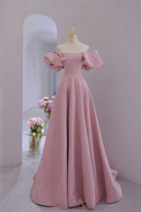 Pink Satin Long A-Line Corset Prom Dress, Pink Puff Sleeves Corset Formal Evening Dress outfit, Formal Dress With Sleeve