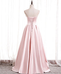 Pink Satin Long Party Dress with Pearls, Floor Length Party Dres Corset Wedding Party Dress Outfits, Wedding Dresse Beach