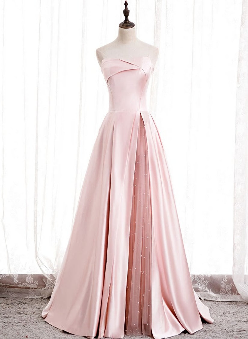 Pink Satin Long Party Dress with Pearls, Floor Length Party Dres Corset Wedding Party Dress Outfits, Wedding Dressed Boho