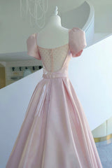 Pink Satin Long Corset Prom Dress, A-Line Evening Dress with Bow outfit, Bridesmaid Dress Champagne