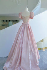 Pink Satin Long Corset Prom Dress, A-Line Evening Dress with Bow outfit, Bridesmaid Dresses Dark