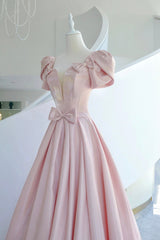 Pink Satin Long Corset Prom Dress, A-Line Evening Dress with Bow outfit, Bridesmaid Dress Dark