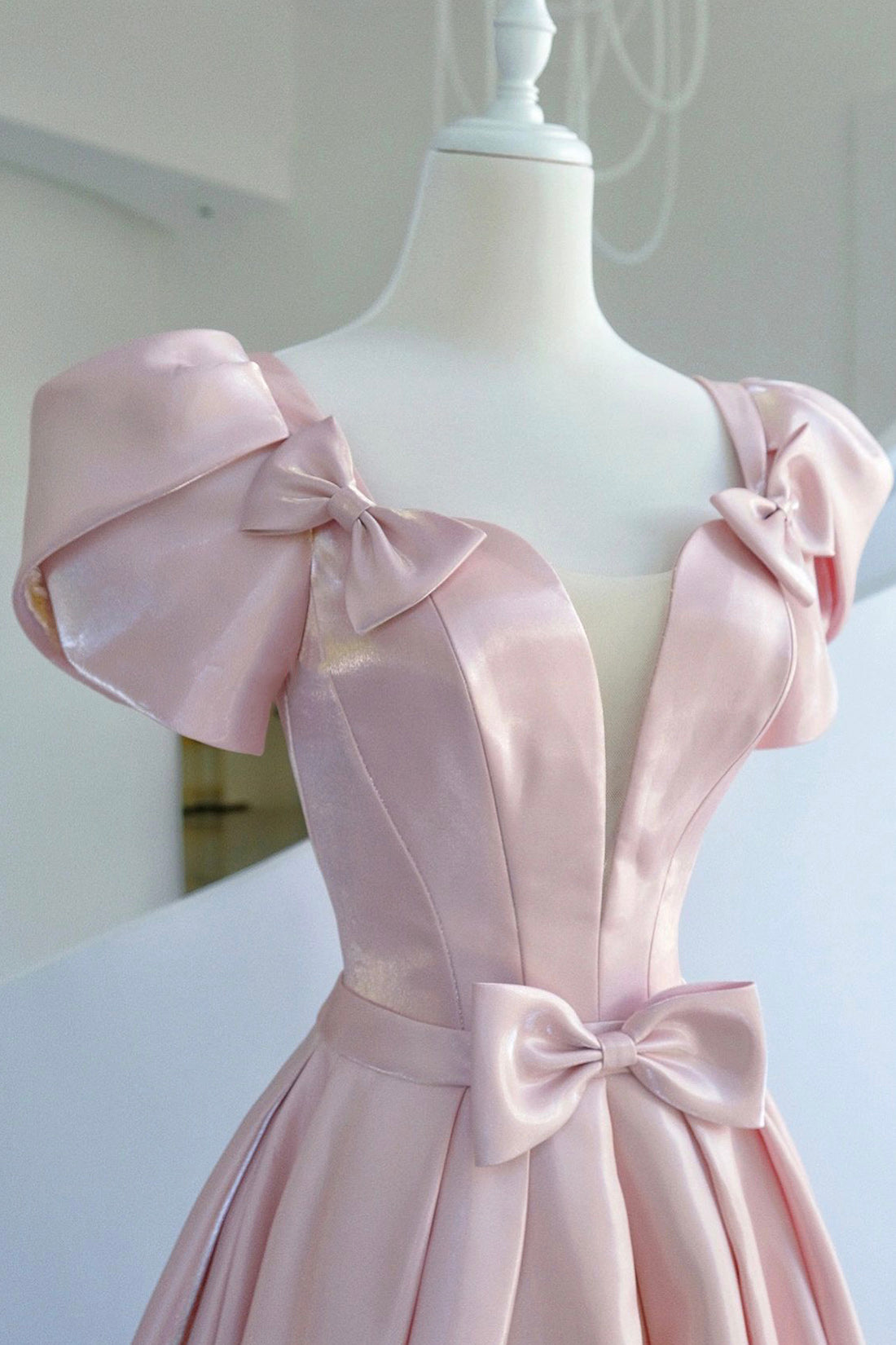 Pink Satin Long Corset Prom Dress, A-Line Evening Dress with Bow outfit, Bridesmaids Dress Champagne