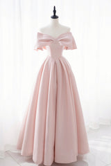 Pink Satin Long Corset Prom Dress, Cute Off Shoulder Evening Dress outfit, Party Dress Size 90