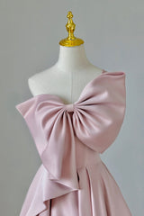 Pink Satin Long Corset Prom Dress with Bow, One Shoulder Corset Formal Evening Dress outfit, Wedding Theme