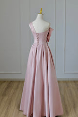 Pink Satin Long Corset Prom Dress with Bow, One Shoulder Corset Formal Evening Dress outfit, Wedding Flower