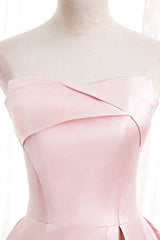 Pink Satin Long Corset Prom Dress with Pearls, Pink Strapless Evening Dress outfit, Champagne Bridesmaid Dress