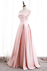 Pink Satin Long Corset Prom Dress with Pearls, Pink Strapless Evening Dress outfit, Wedding Aesthetic