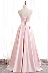 Pink Satin Long Corset Prom Dress with Pearls, Pink Strapless Evening Dress outfit, Sage Green Wedding