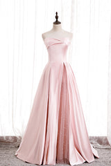 Pink Satin Long Corset Prom Dress with Pearls, Pink Strapless Evening Dress outfit, Beach Wedding Dress