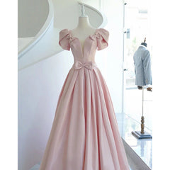 Pink Satin Long Short Sleeves Corset Prom Dress Party Dress, Pink Corset Formal Dress Corset Wedding Party Dress Outfits, Wedding Dress 
